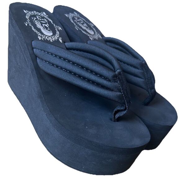 Y2K Platform Flip Flop Sandals Woman’s 6/6.5 Black Thong Chunky Heel Goth Grunge - Picture 1 of 10